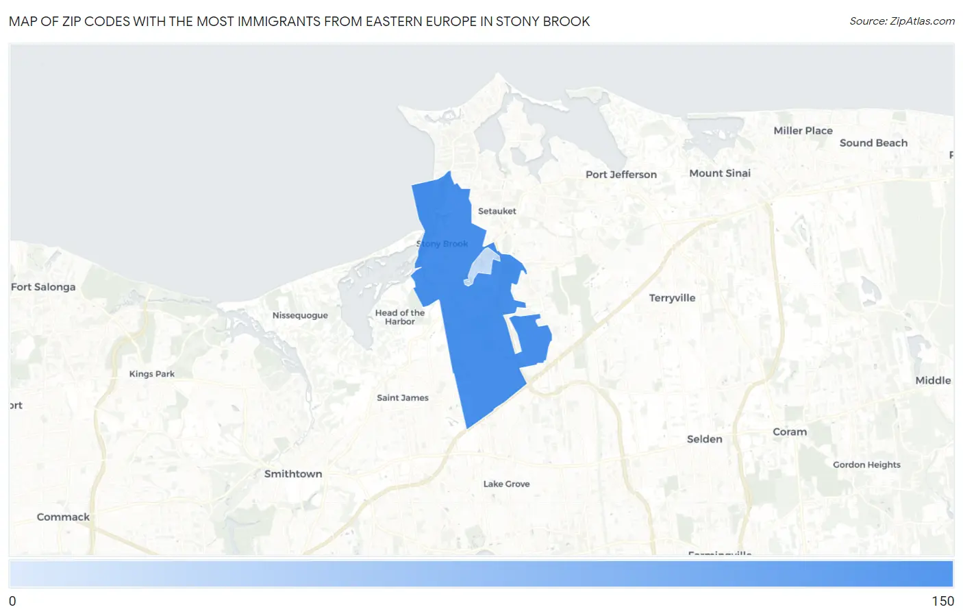 Zip Codes with the Most Immigrants from Eastern Europe in Stony Brook Map
