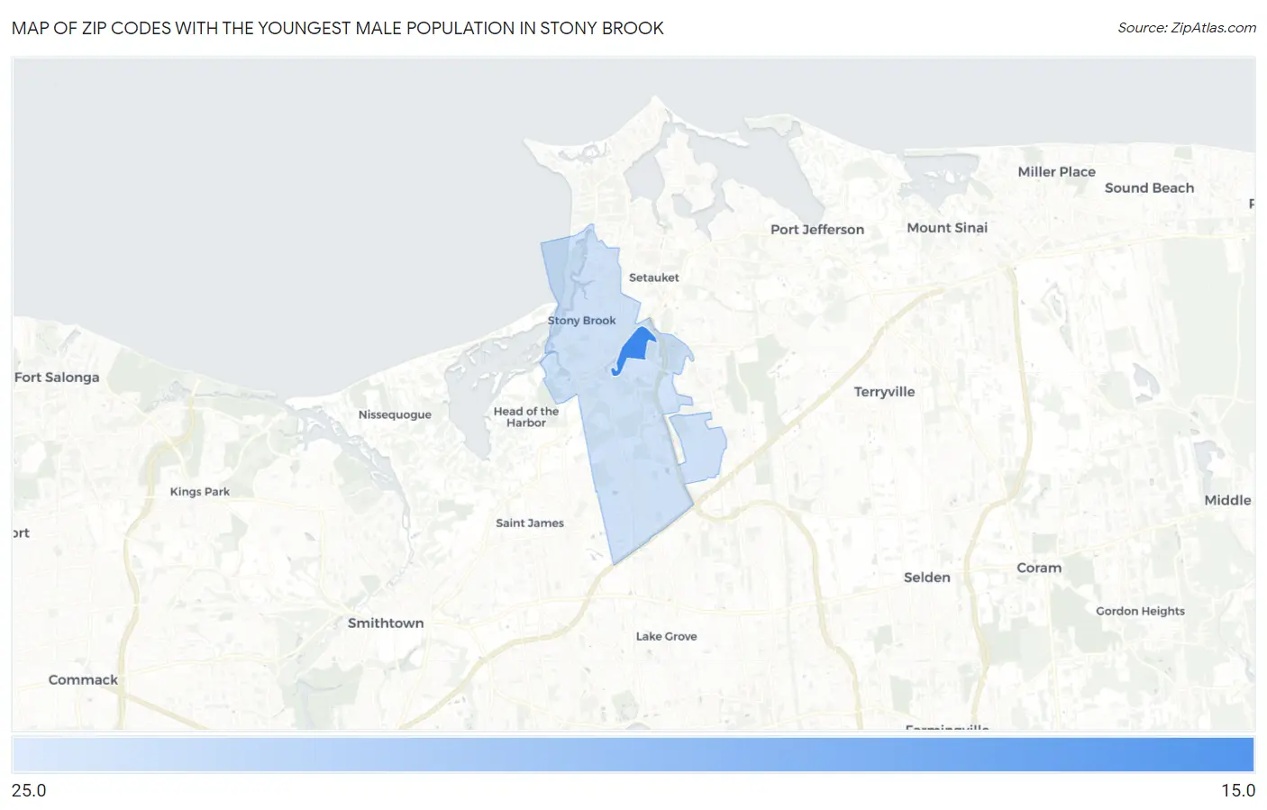 Zip Codes with the Youngest Male Population in Stony Brook Map