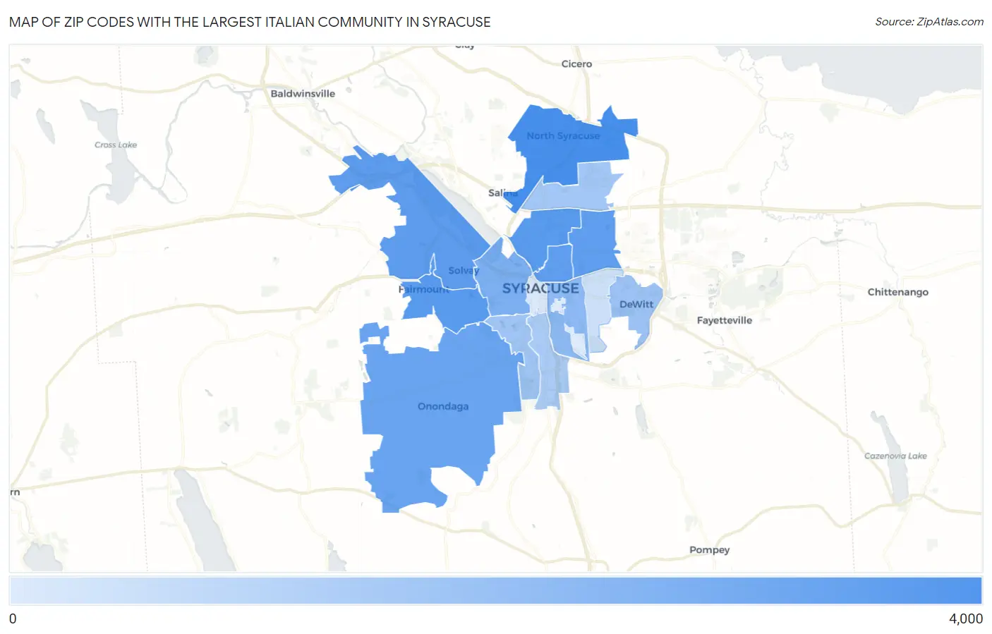 Zip Codes with the Largest Italian Community in Syracuse Map