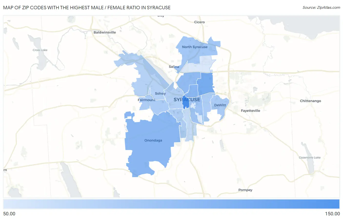 Zip Codes with the Highest Male / Female Ratio in Syracuse Map