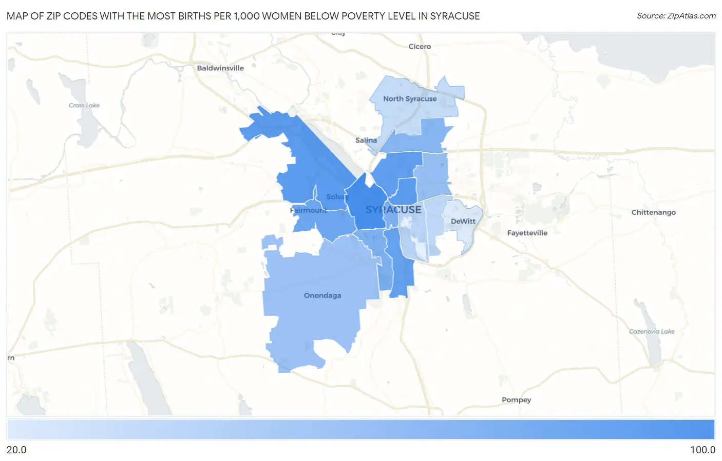 Zip Codes with the Most Births per 1,000 Women Below Poverty Level in Syracuse Map