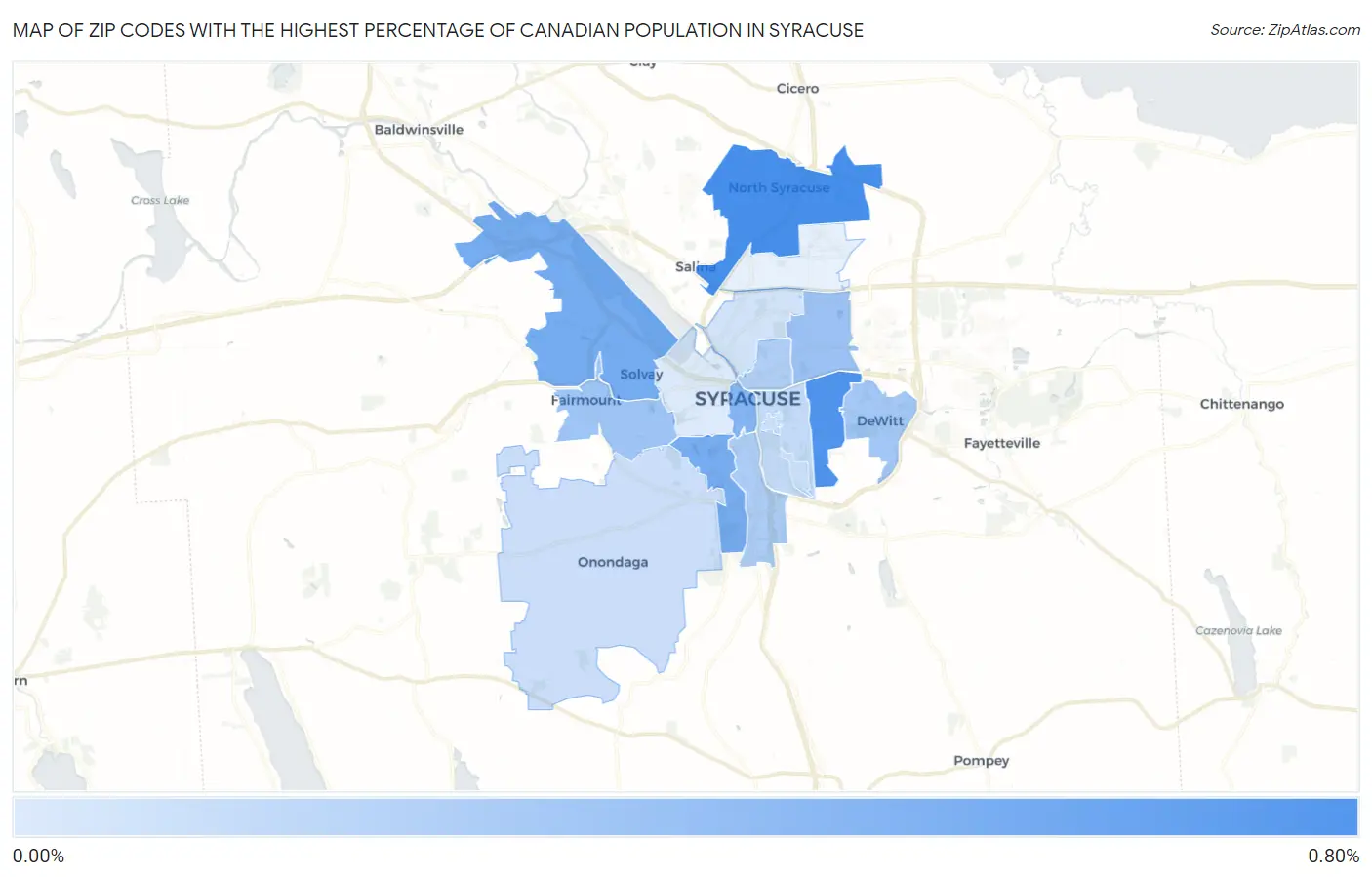 Zip Codes with the Highest Percentage of Canadian Population in Syracuse Map