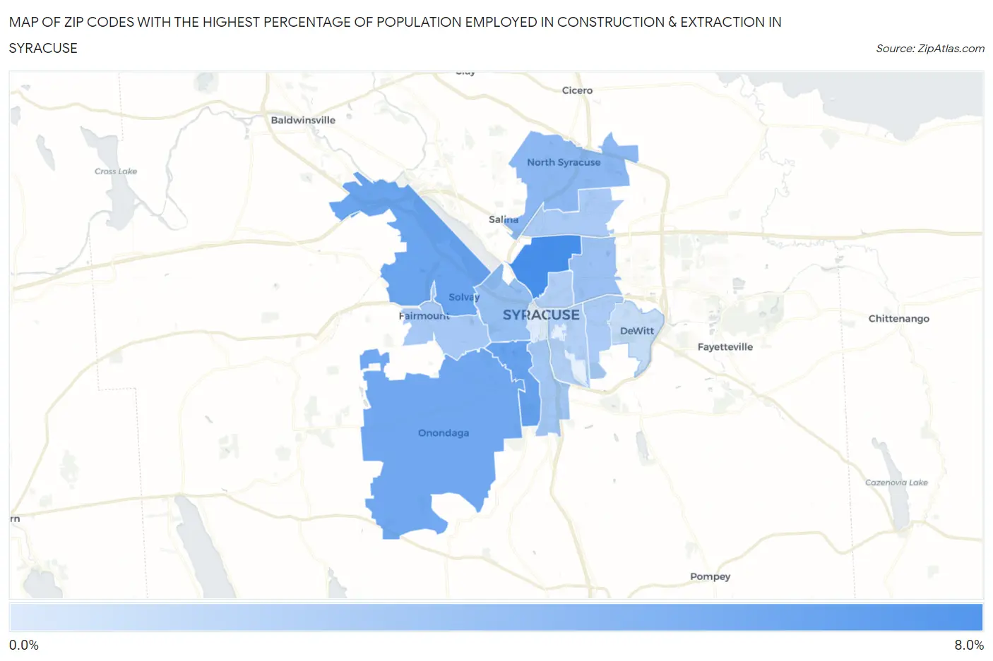 Zip Codes with the Highest Percentage of Population Employed in Construction & Extraction in Syracuse Map
