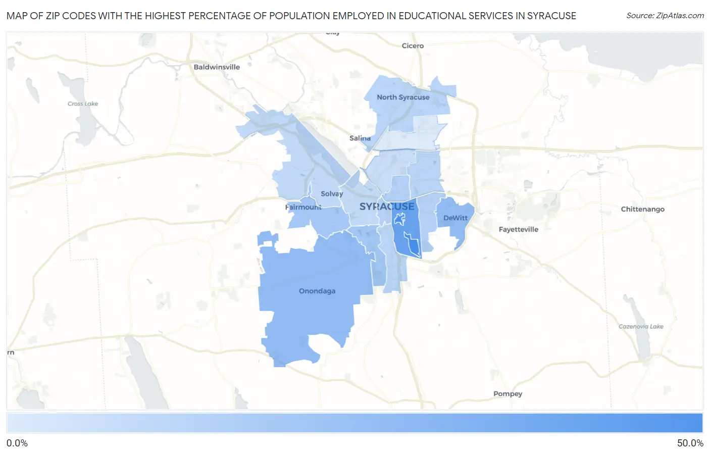 Zip Codes with the Highest Percentage of Population Employed in Educational Services in Syracuse Map