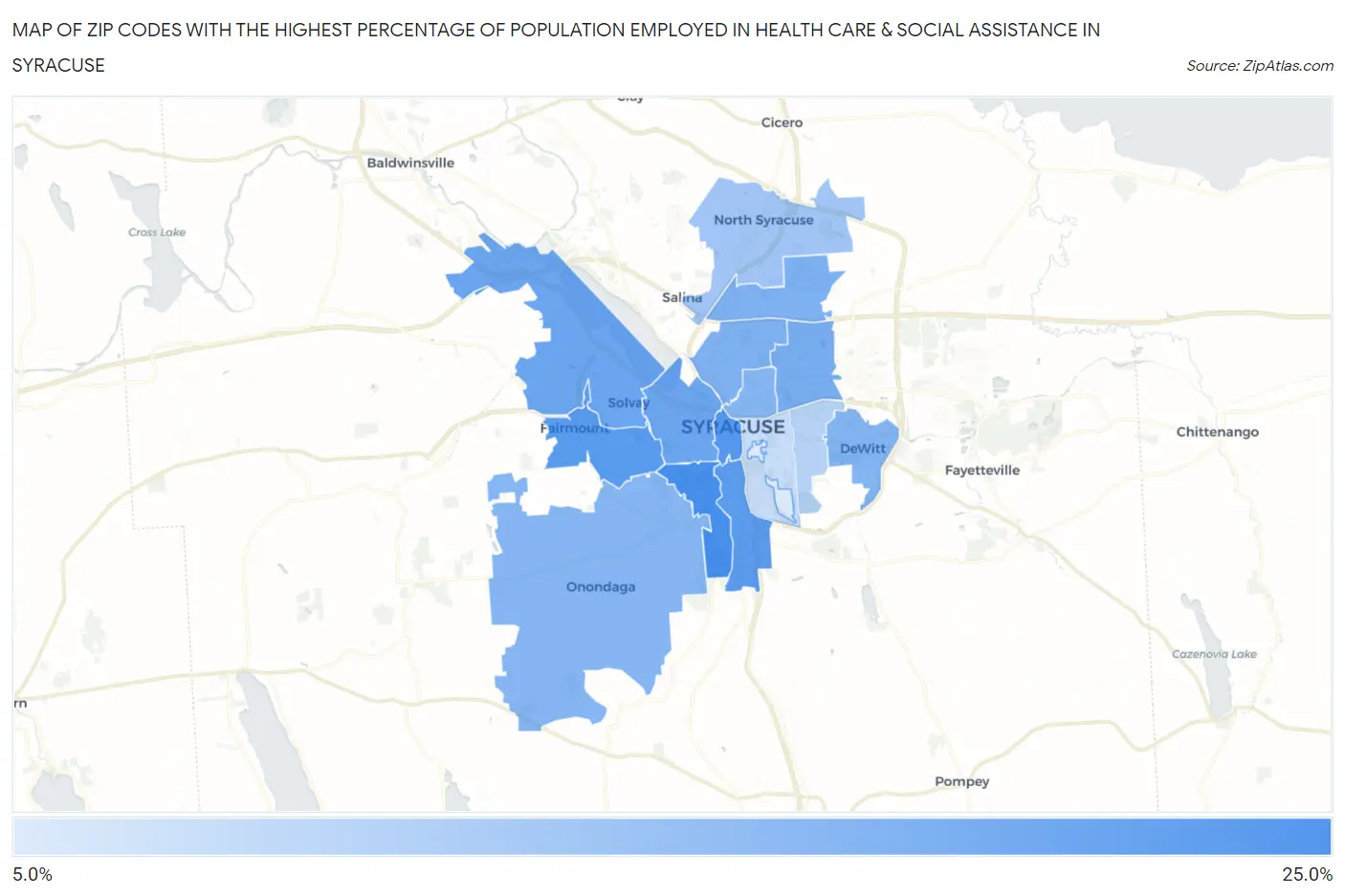 Zip Codes with the Highest Percentage of Population Employed in Health Care & Social Assistance in Syracuse Map
