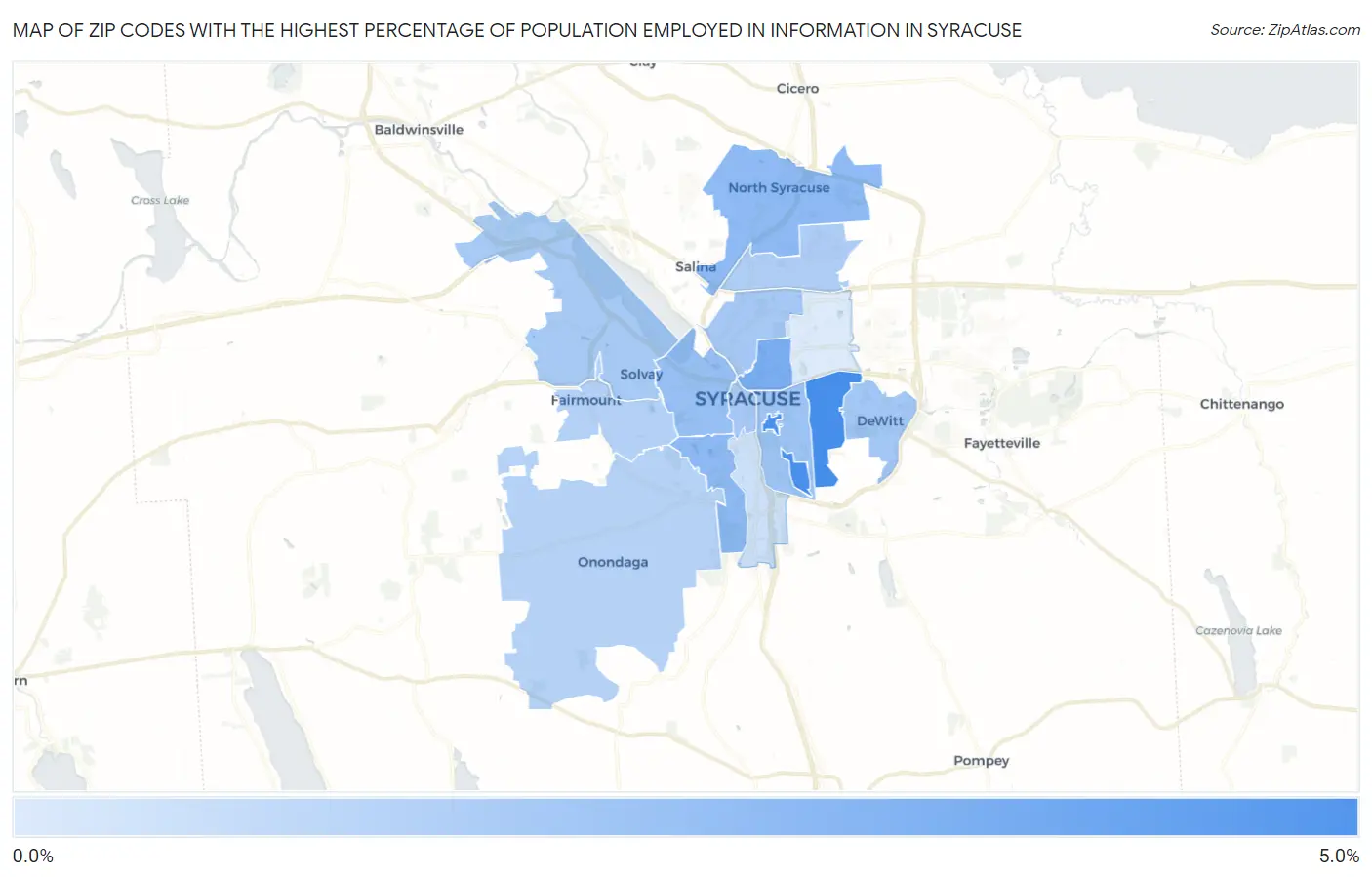 Zip Codes with the Highest Percentage of Population Employed in Information in Syracuse Map