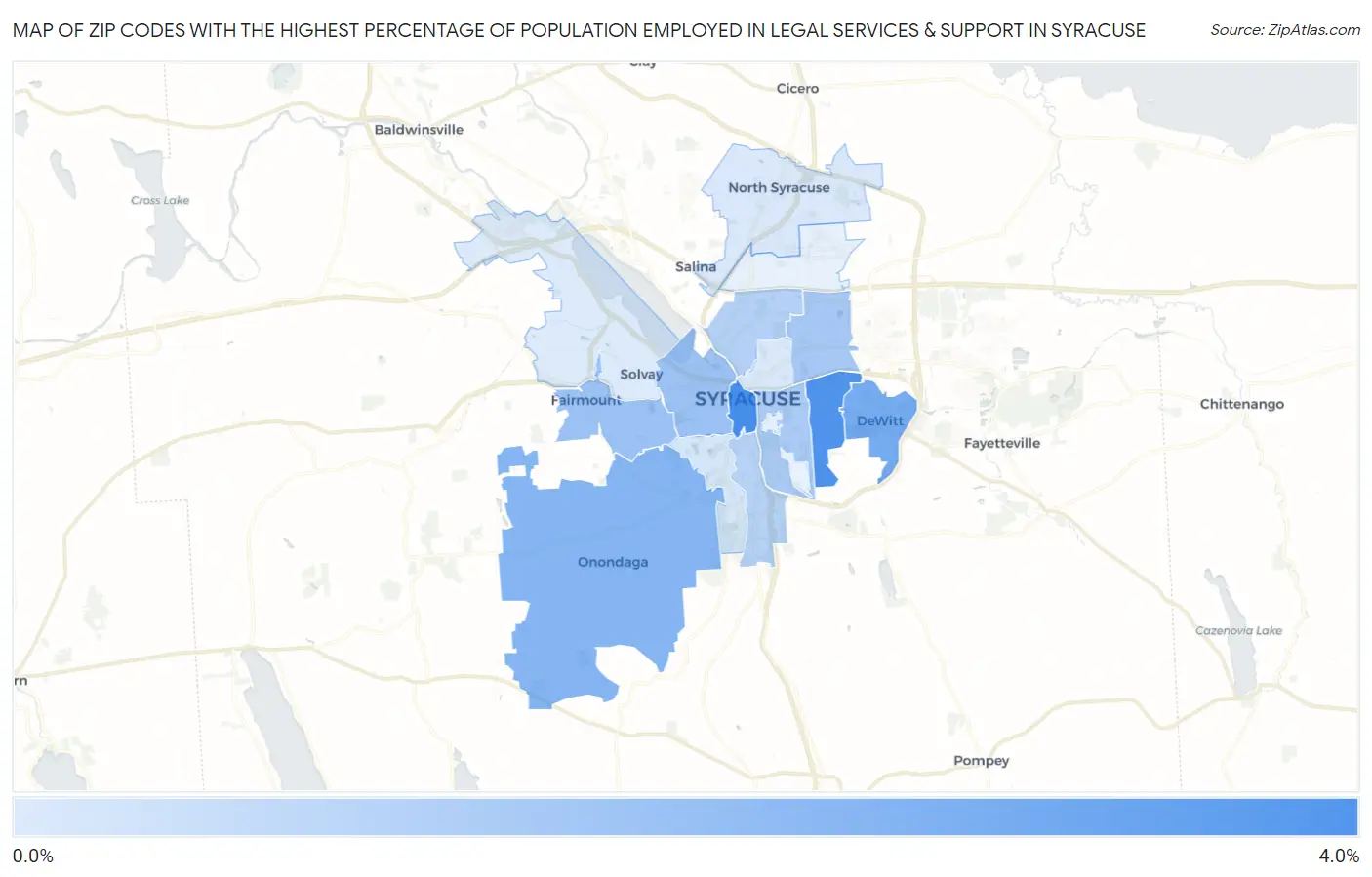Zip Codes with the Highest Percentage of Population Employed in Legal Services & Support in Syracuse Map