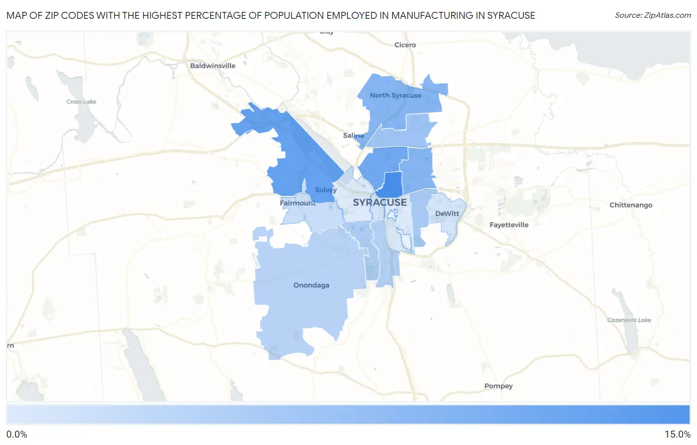 Zip Codes with the Highest Percentage of Population Employed in Manufacturing in Syracuse Map