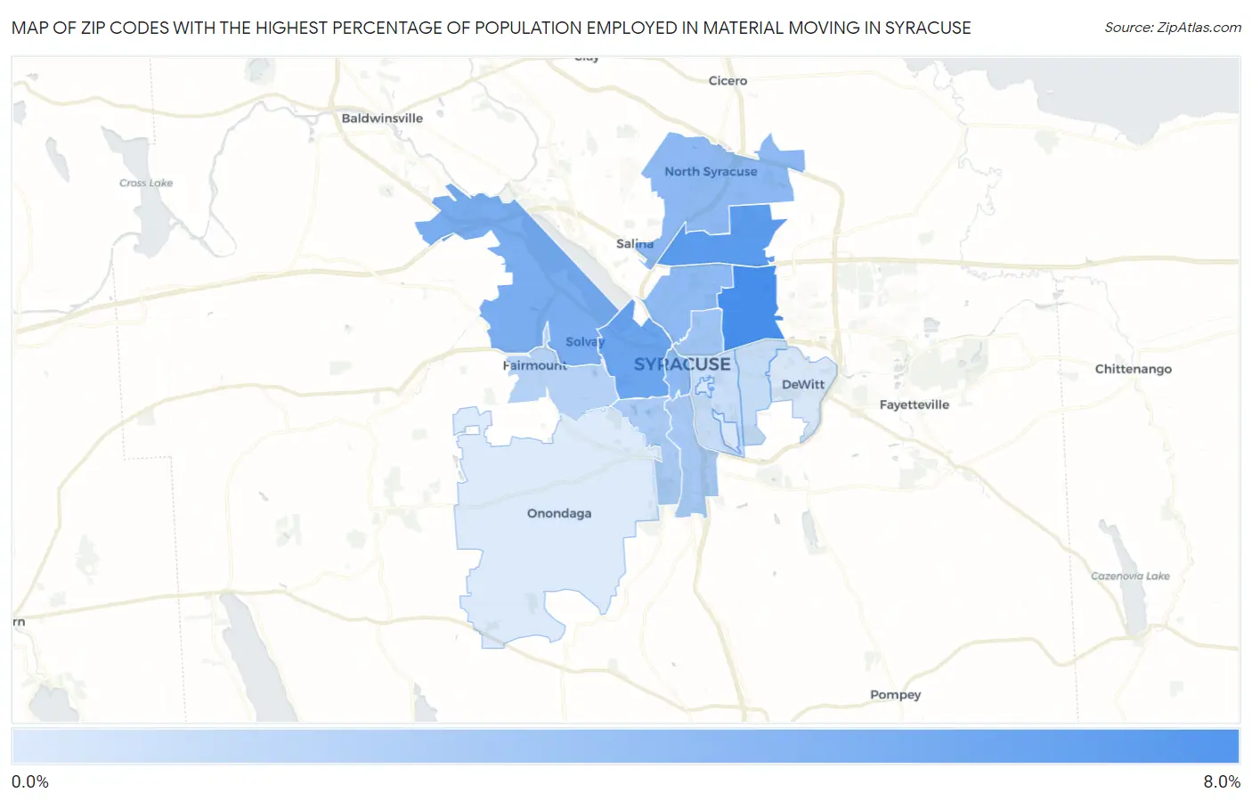 Zip Codes with the Highest Percentage of Population Employed in Material Moving in Syracuse Map