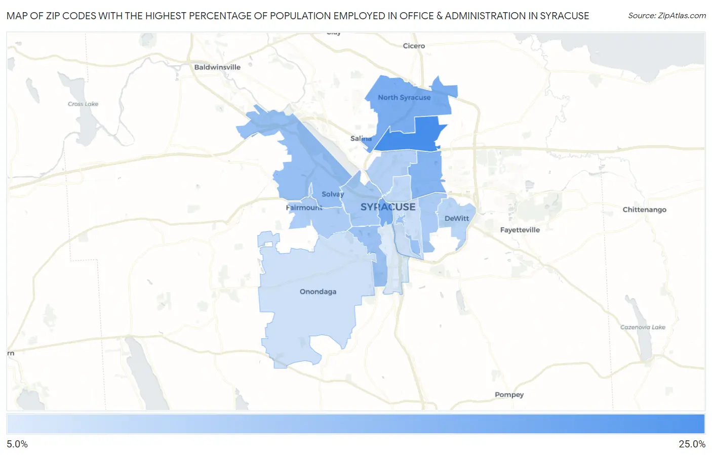 Zip Codes with the Highest Percentage of Population Employed in Office & Administration in Syracuse Map