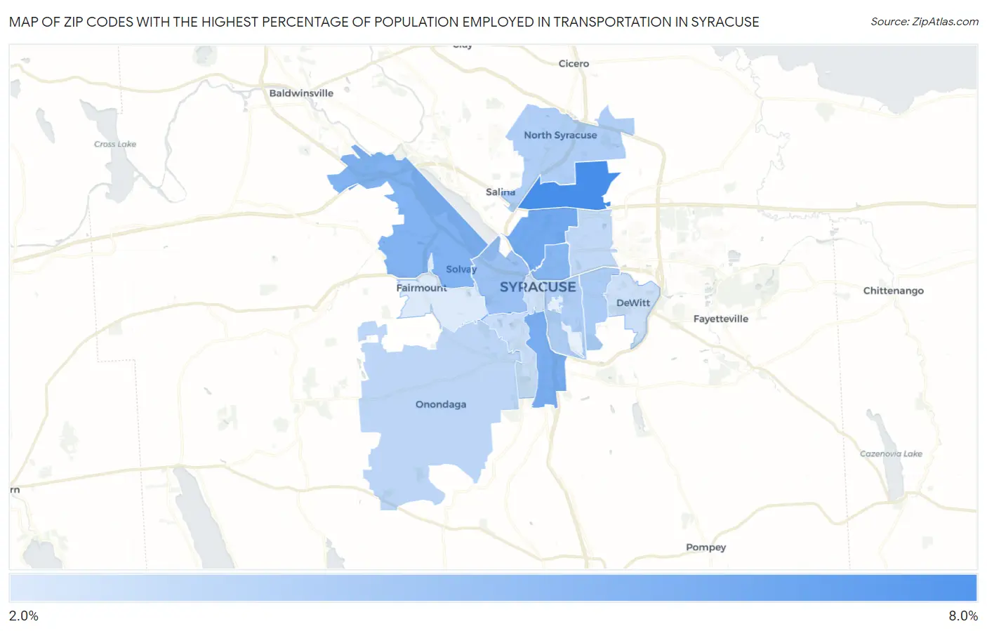 Zip Codes with the Highest Percentage of Population Employed in Transportation in Syracuse Map