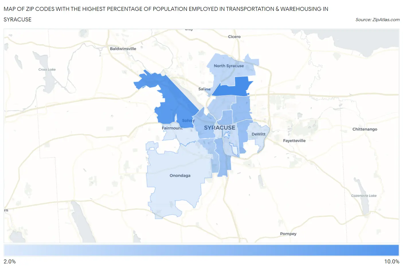 Zip Codes with the Highest Percentage of Population Employed in Transportation & Warehousing in Syracuse Map