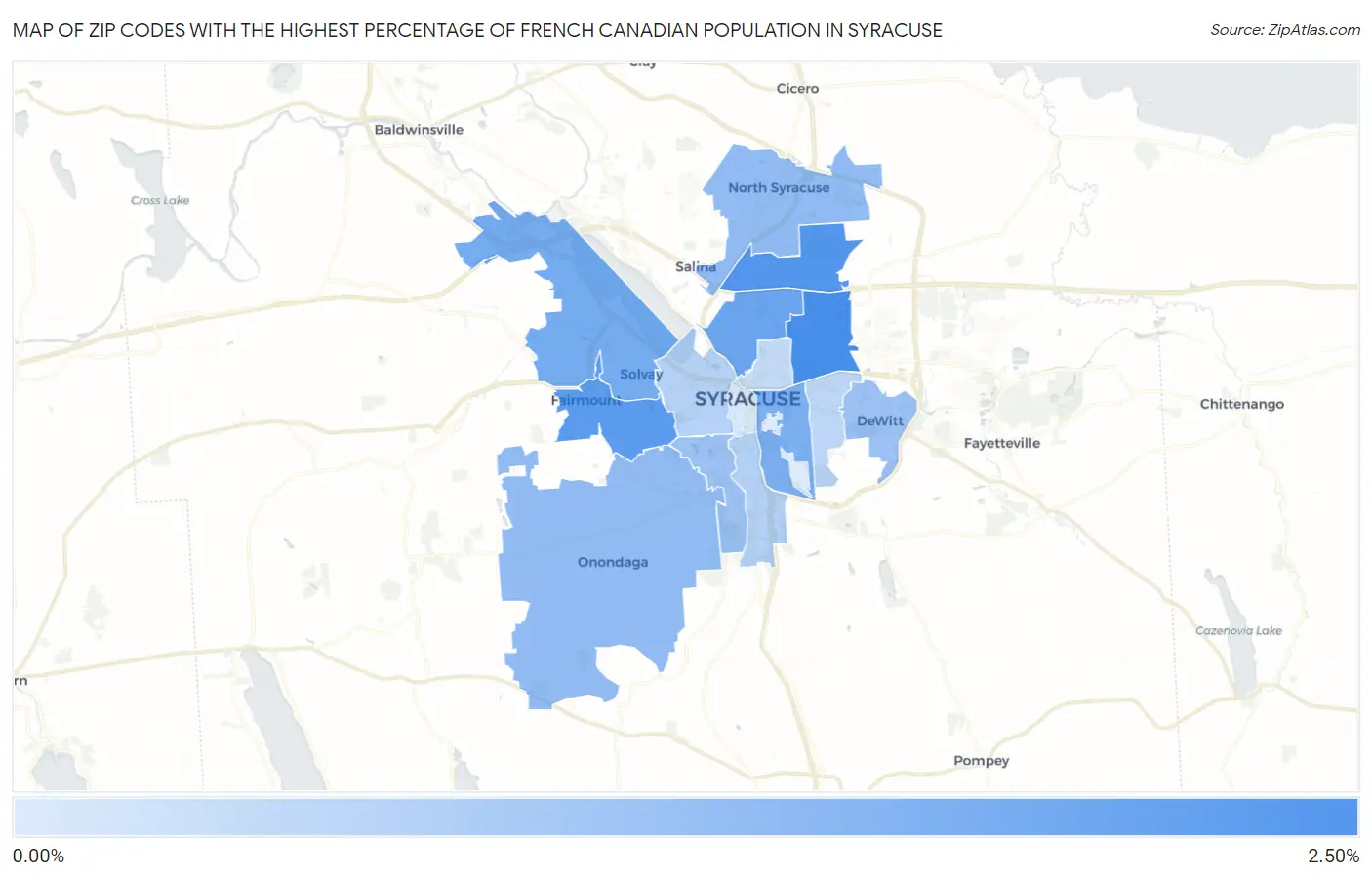 Zip Codes with the Highest Percentage of French Canadian Population in Syracuse Map