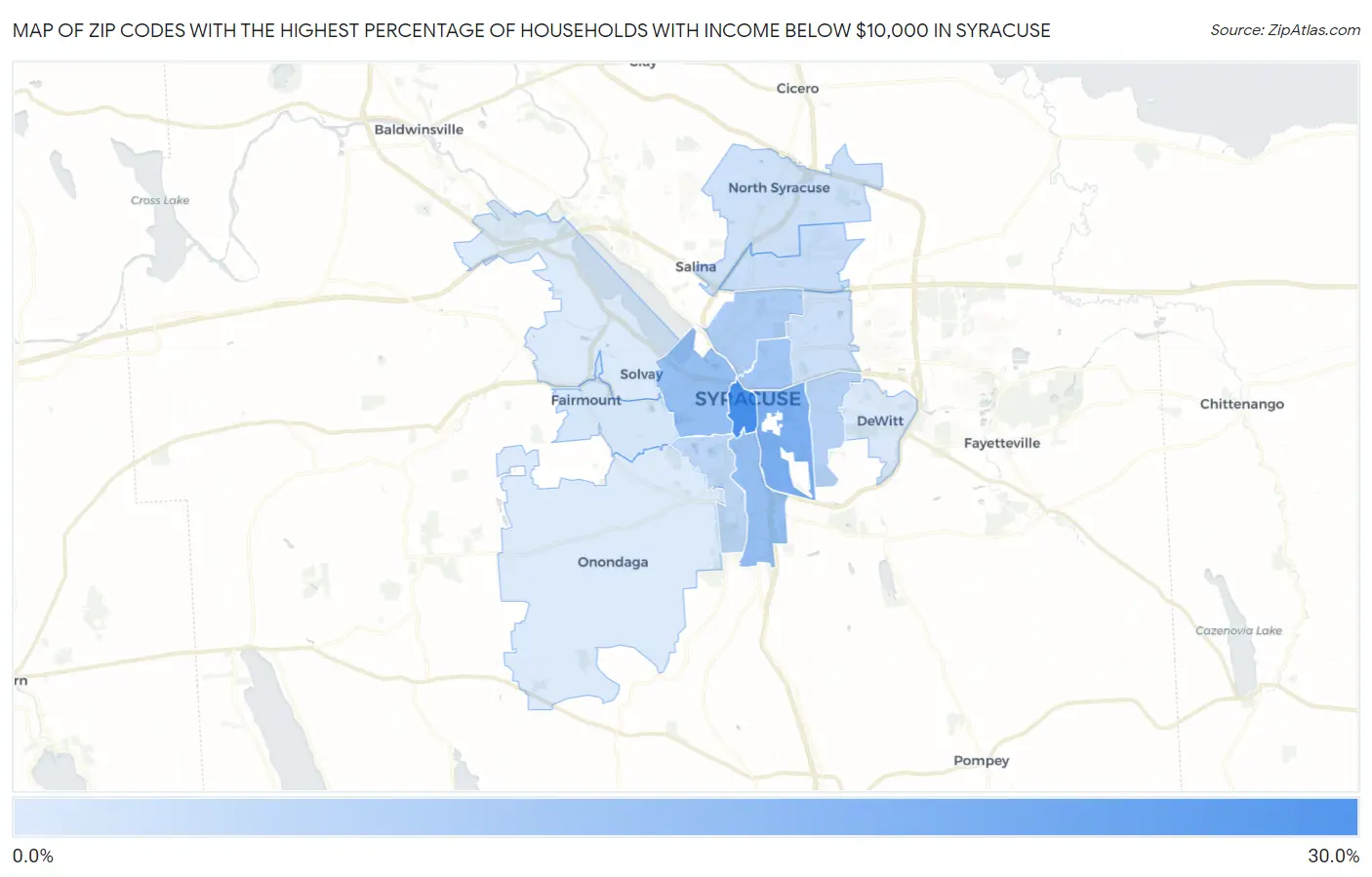 Zip Codes with the Highest Percentage of Households with Income Below $10,000 in Syracuse Map