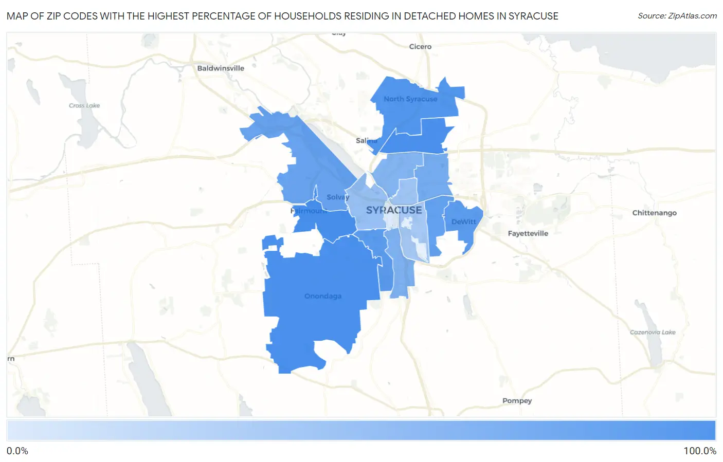 Zip Codes with the Highest Percentage of Households Residing in Detached Homes in Syracuse Map