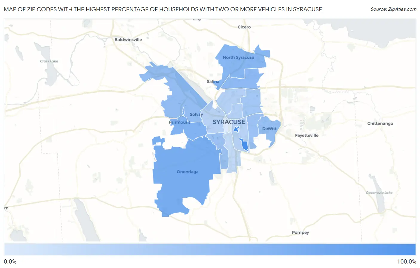 Zip Codes with the Highest Percentage of Households With Two or more Vehicles in Syracuse Map