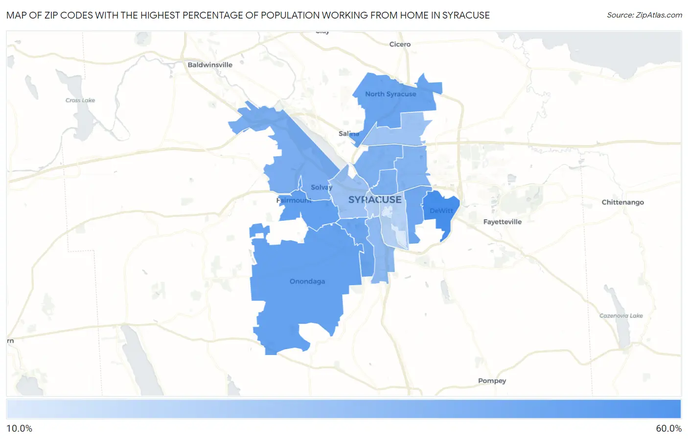 Zip Codes with the Highest Percentage of Population Working from Home in Syracuse Map