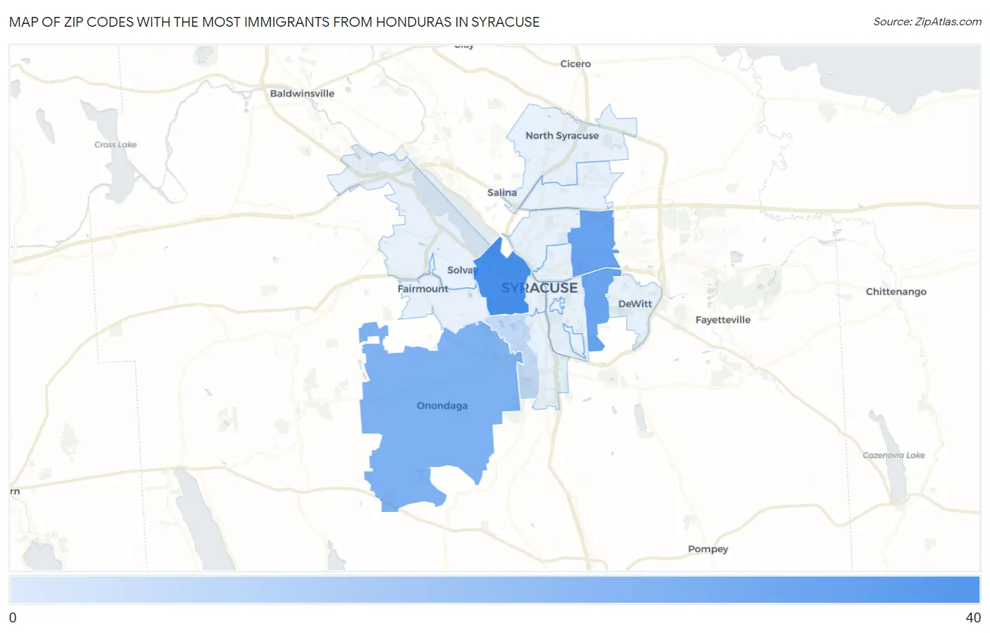 Zip Codes with the Most Immigrants from Honduras in Syracuse Map