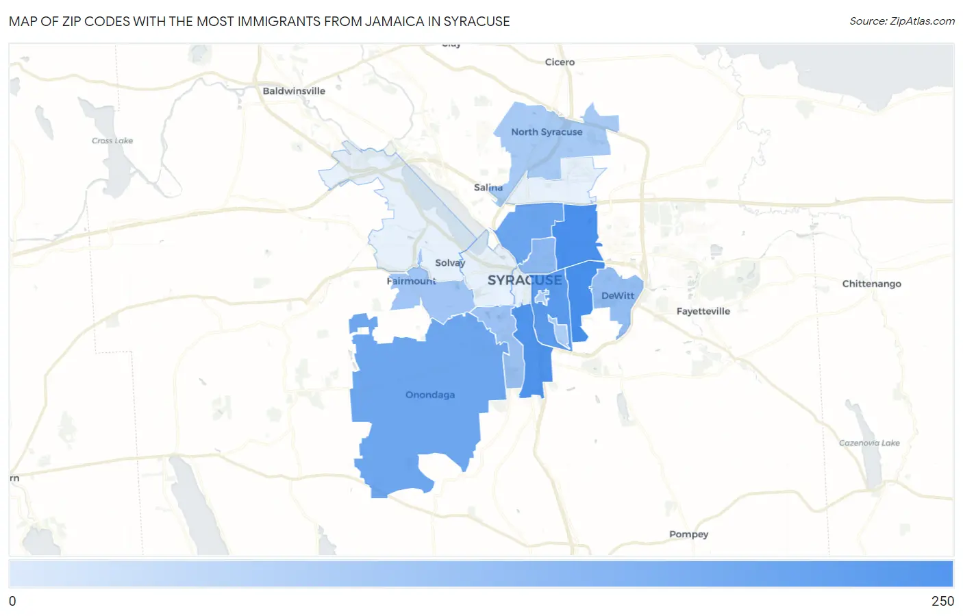 Zip Codes with the Most Immigrants from Jamaica in Syracuse Map