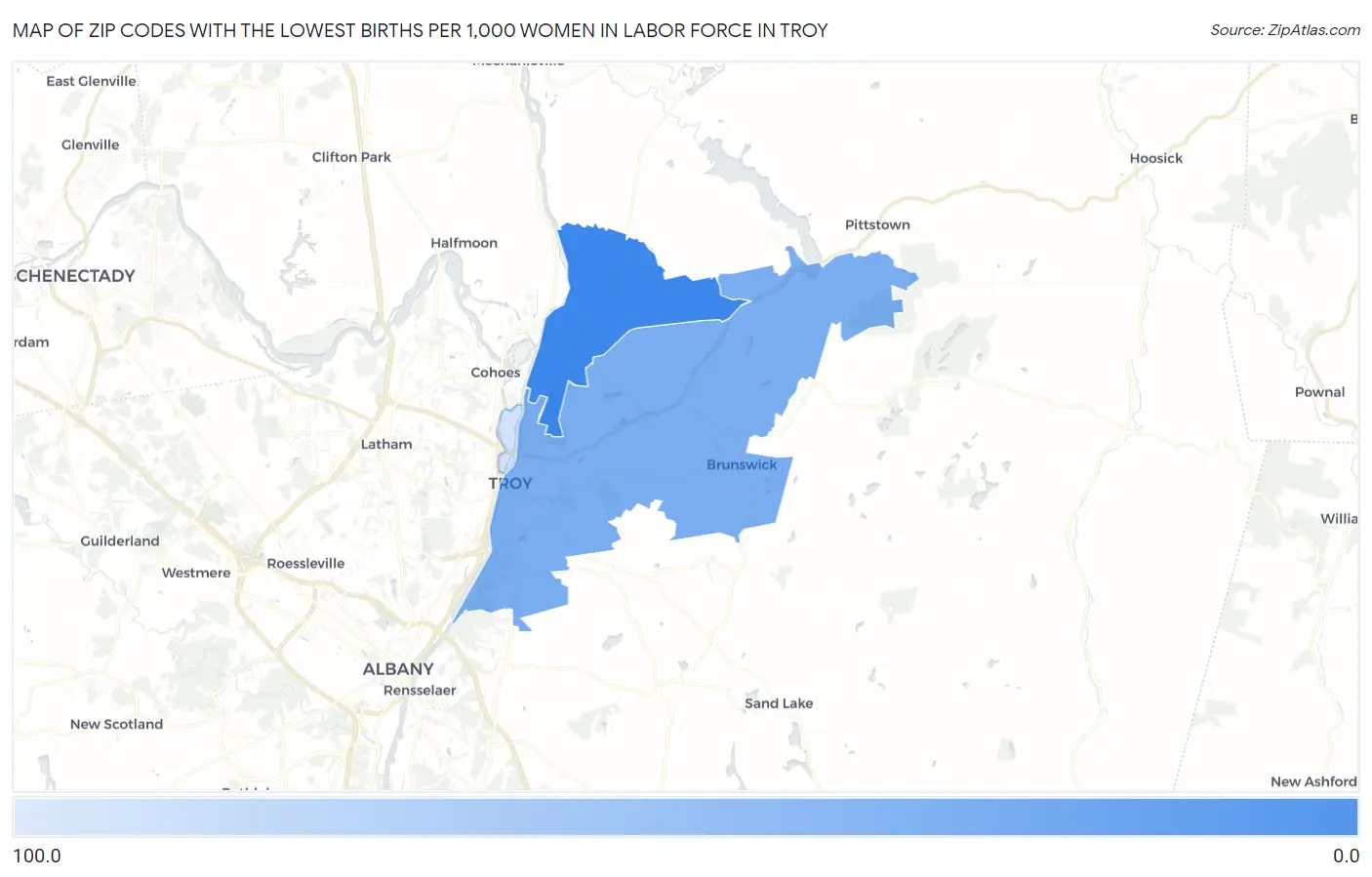 Zip Codes with the Lowest Births per 1,000 Women in Labor Force in Troy Map