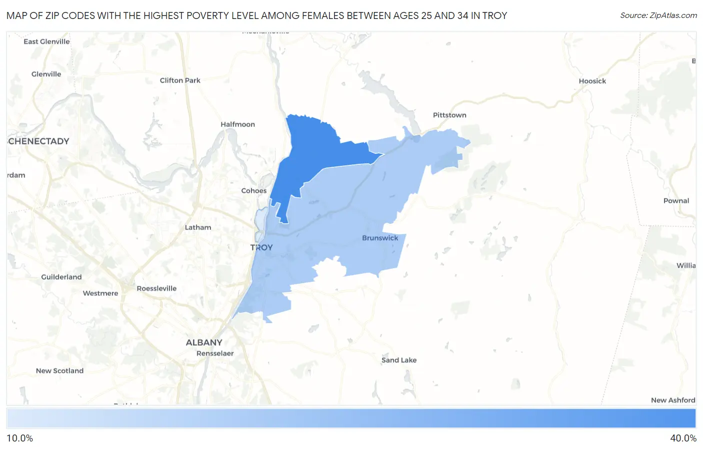 Zip Codes with the Highest Poverty Level Among Females Between Ages 25 and 34 in Troy Map