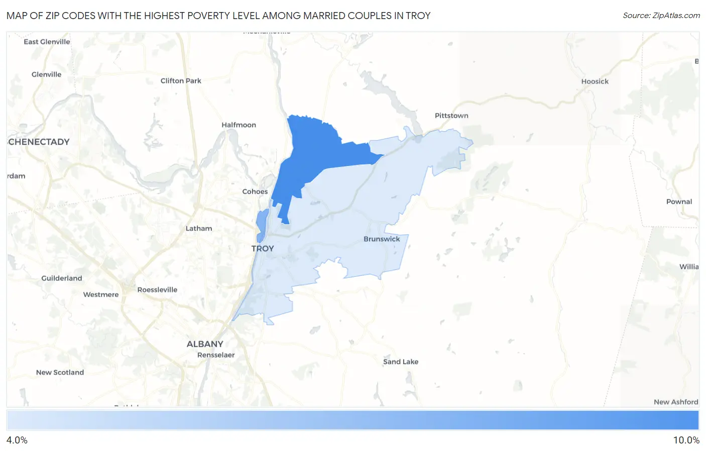 Zip Codes with the Highest Poverty Level Among Married Couples in Troy Map