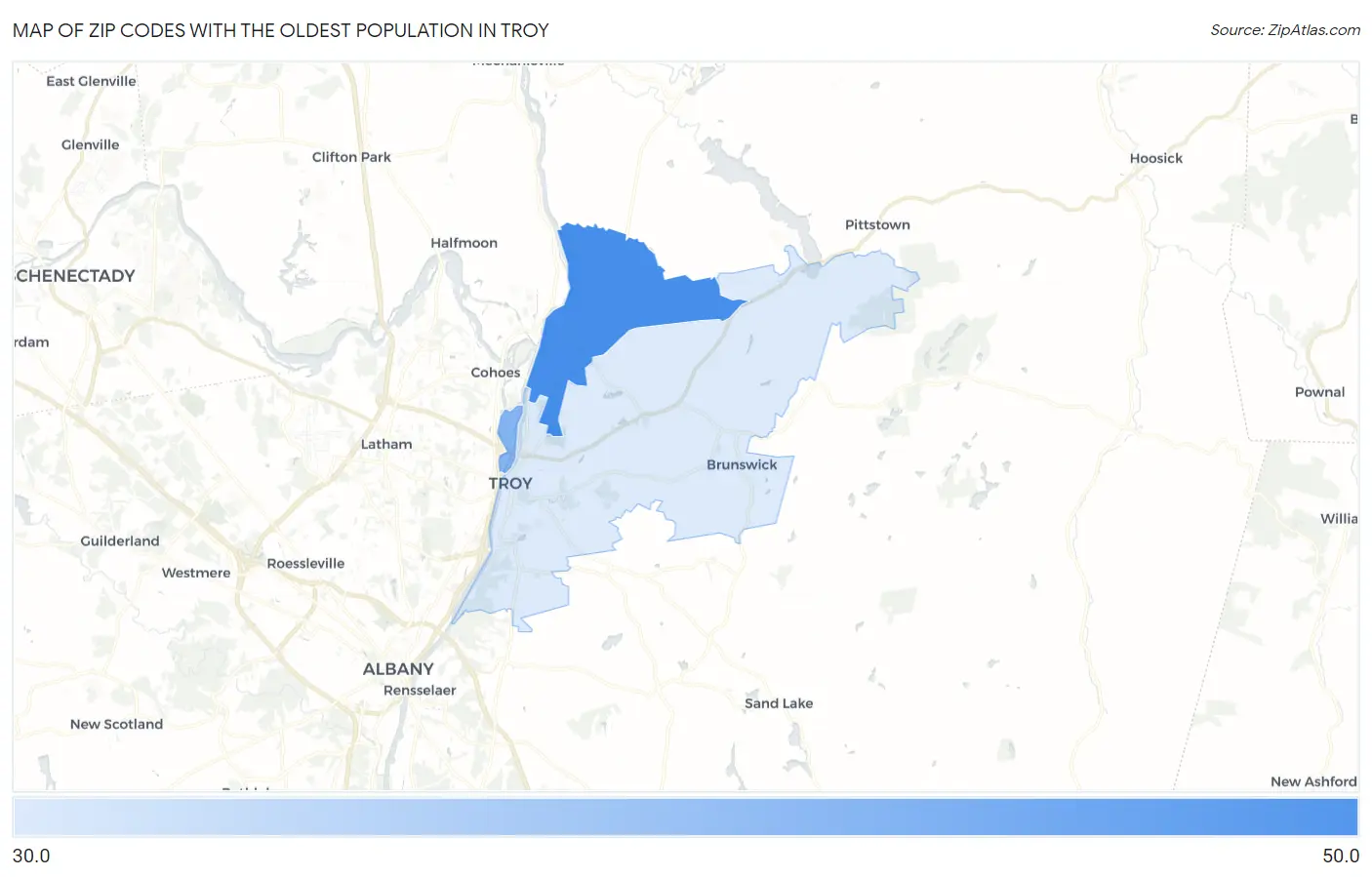 Zip Codes with the Oldest Population in Troy Map