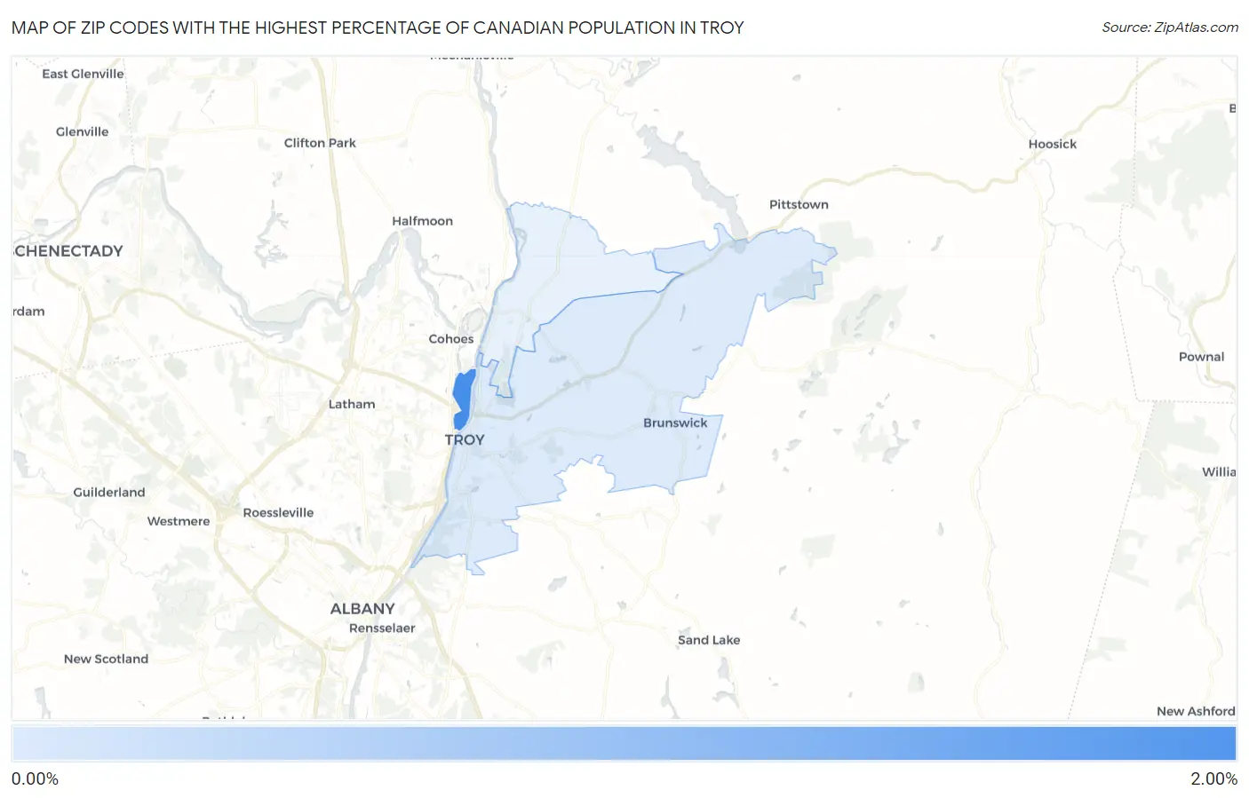 Zip Codes with the Highest Percentage of Canadian Population in Troy Map