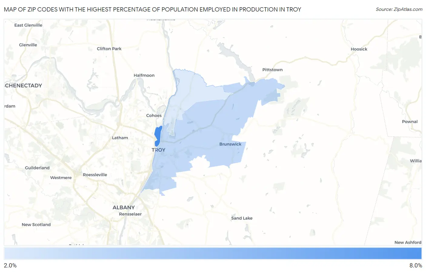 Zip Codes with the Highest Percentage of Population Employed in Production in Troy Map