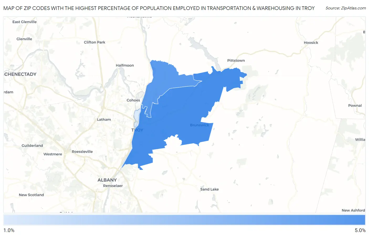 Zip Codes with the Highest Percentage of Population Employed in Transportation & Warehousing in Troy Map