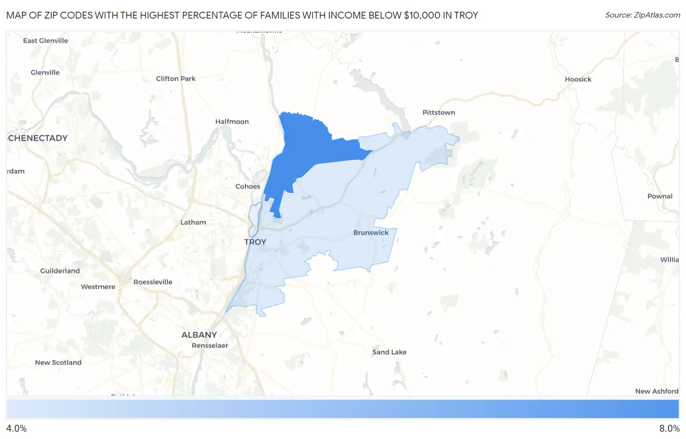 Zip Codes with the Highest Percentage of Families with Income Below $10,000 in Troy Map