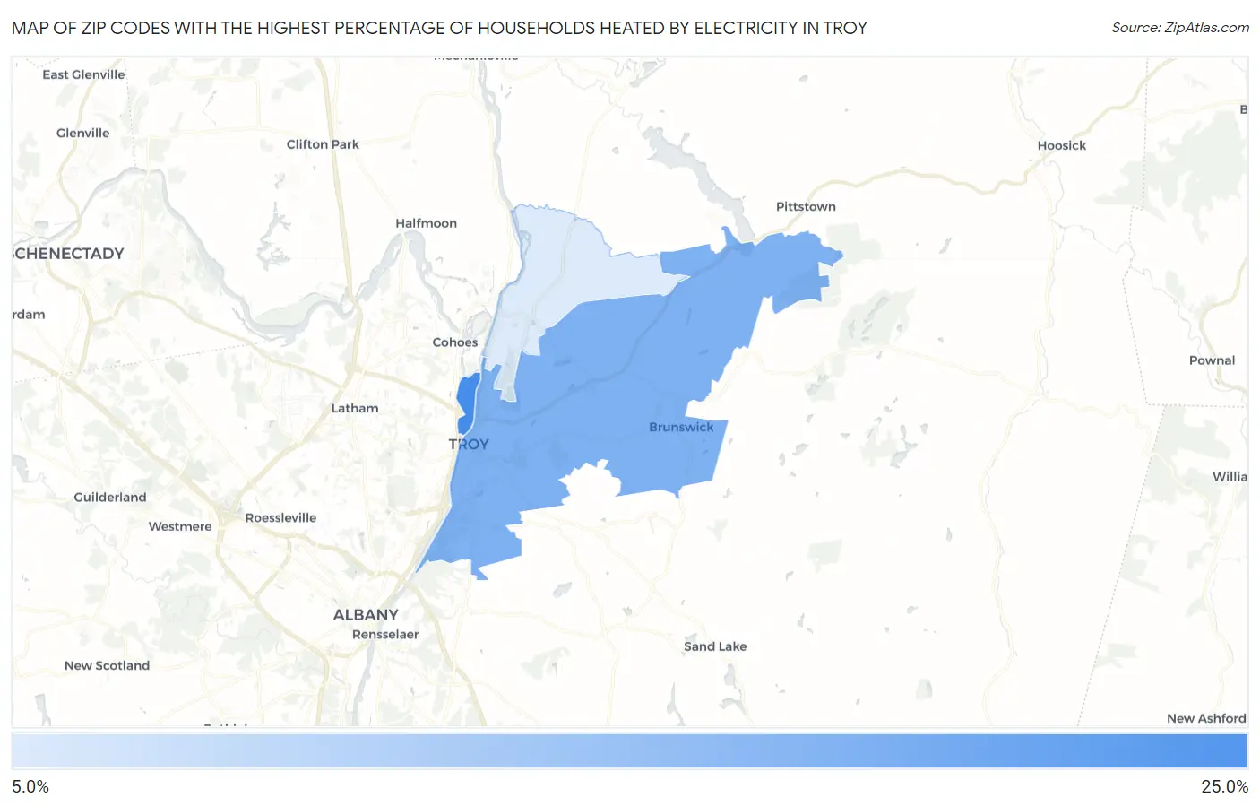 Zip Codes with the Highest Percentage of Households Heated by Electricity in Troy Map