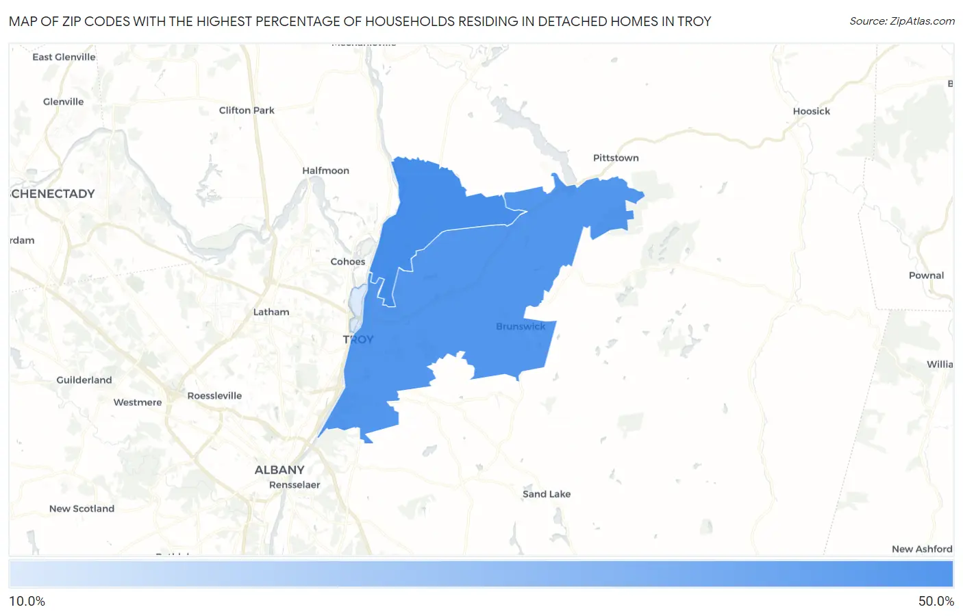 Zip Codes with the Highest Percentage of Households Residing in Detached Homes in Troy Map