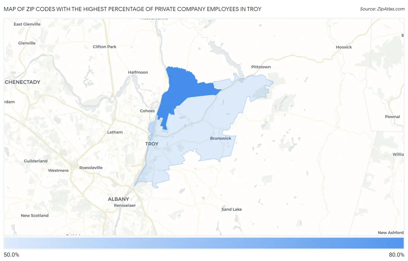 Zip Codes with the Highest Percentage of Private Company Employees in Troy Map