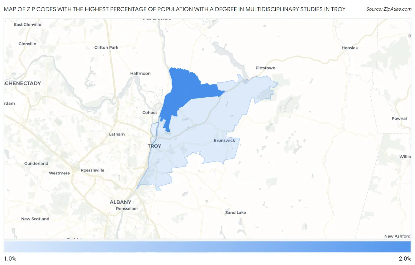 Zip Codes with the Highest Percentage of Population with a Degree in Multidisciplinary Studies in Troy Map