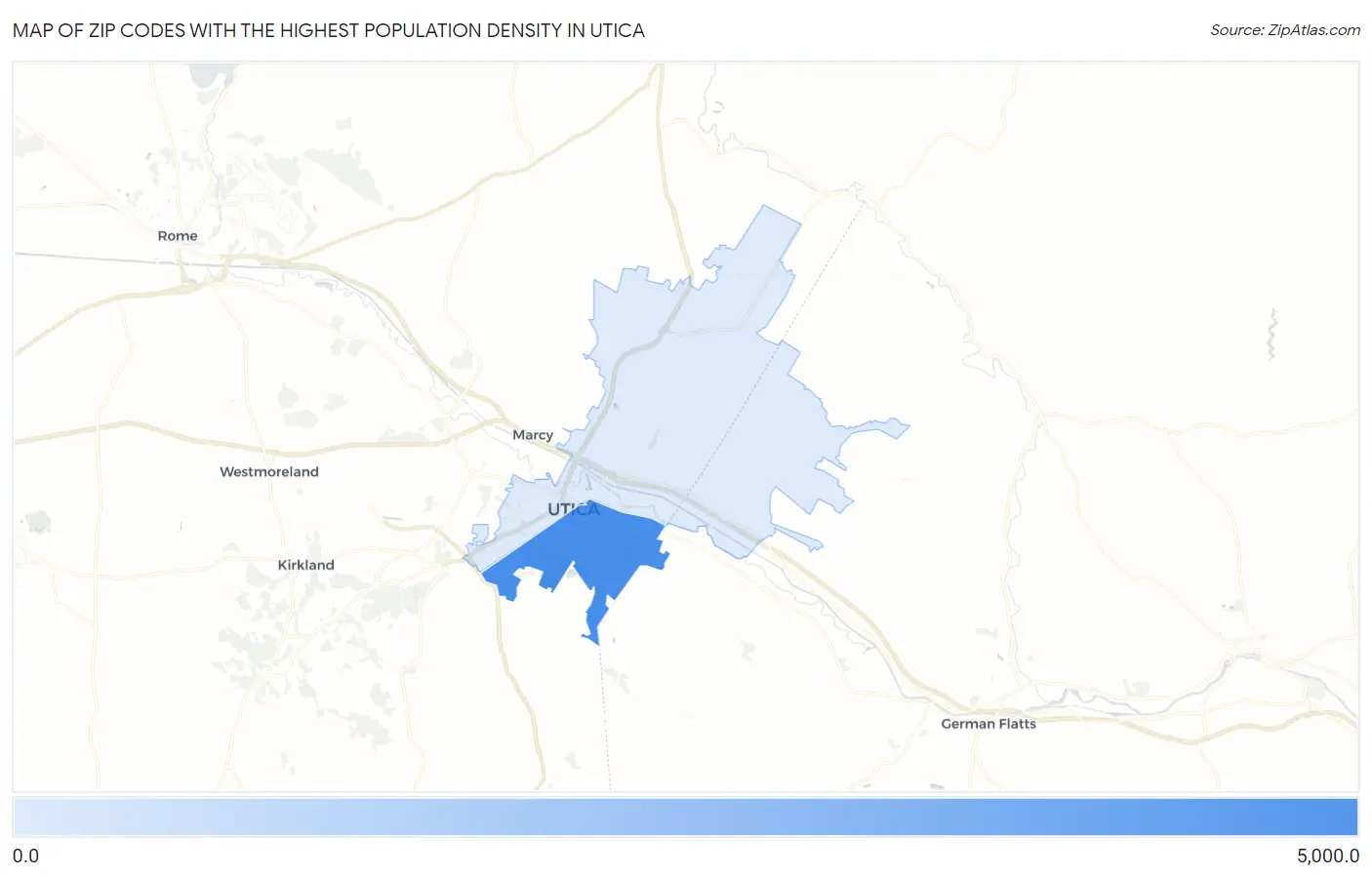 Zip Codes with the Highest Population Density in Utica Map