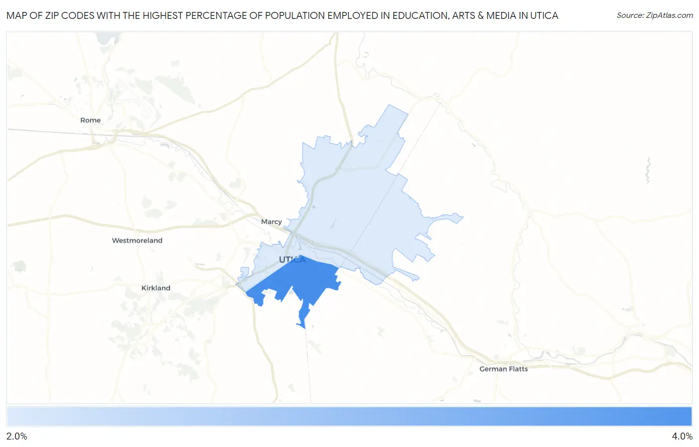 Zip Codes with the Highest Percentage of Population Employed in Education, Arts & Media in Utica Map