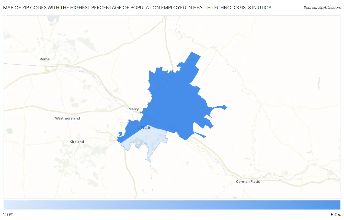 Zip Codes with the Highest Percentage of Population Employed in Health Technologists in Utica Map