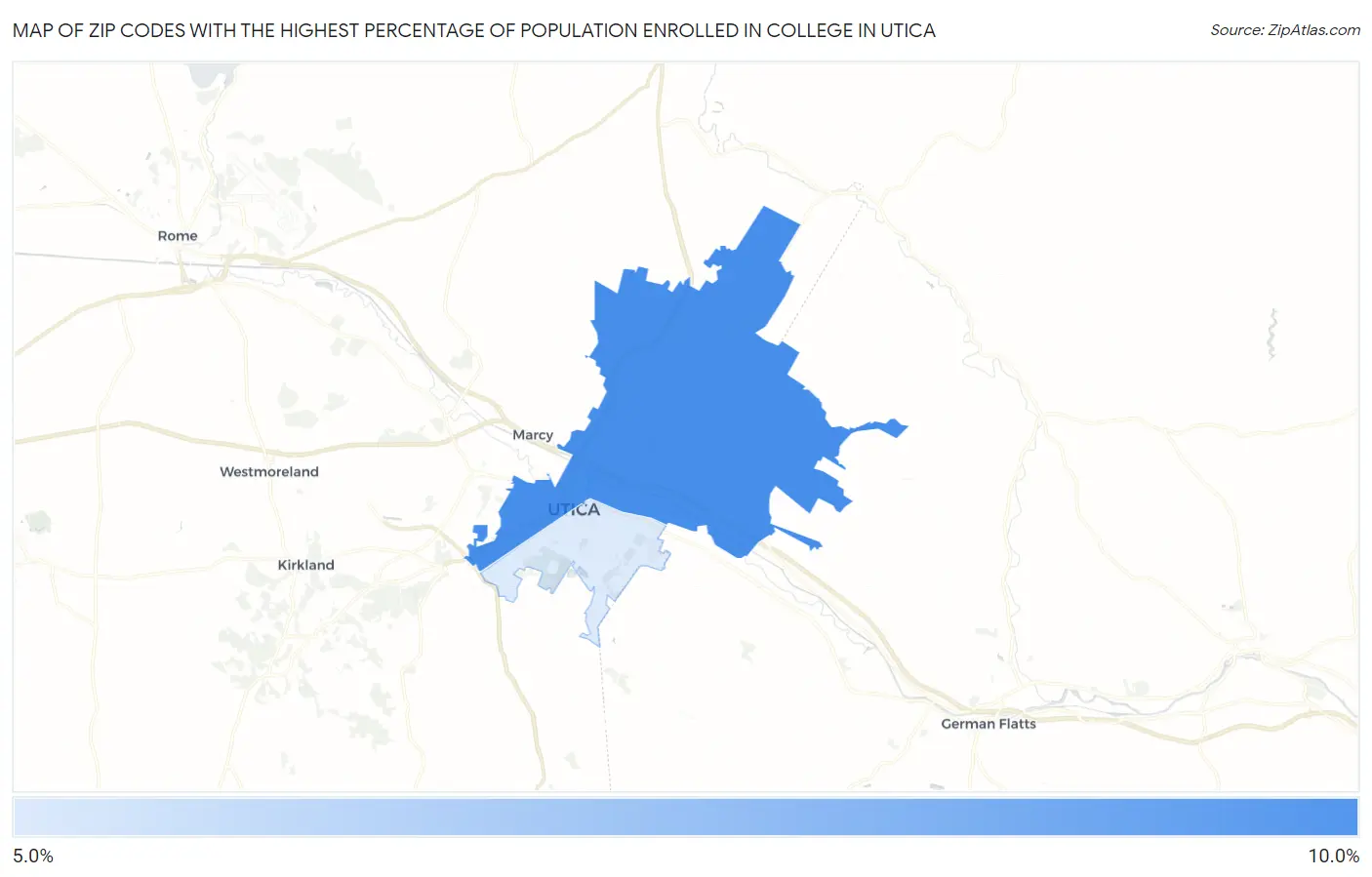 Zip Codes with the Highest Percentage of Population Enrolled in College in Utica Map
