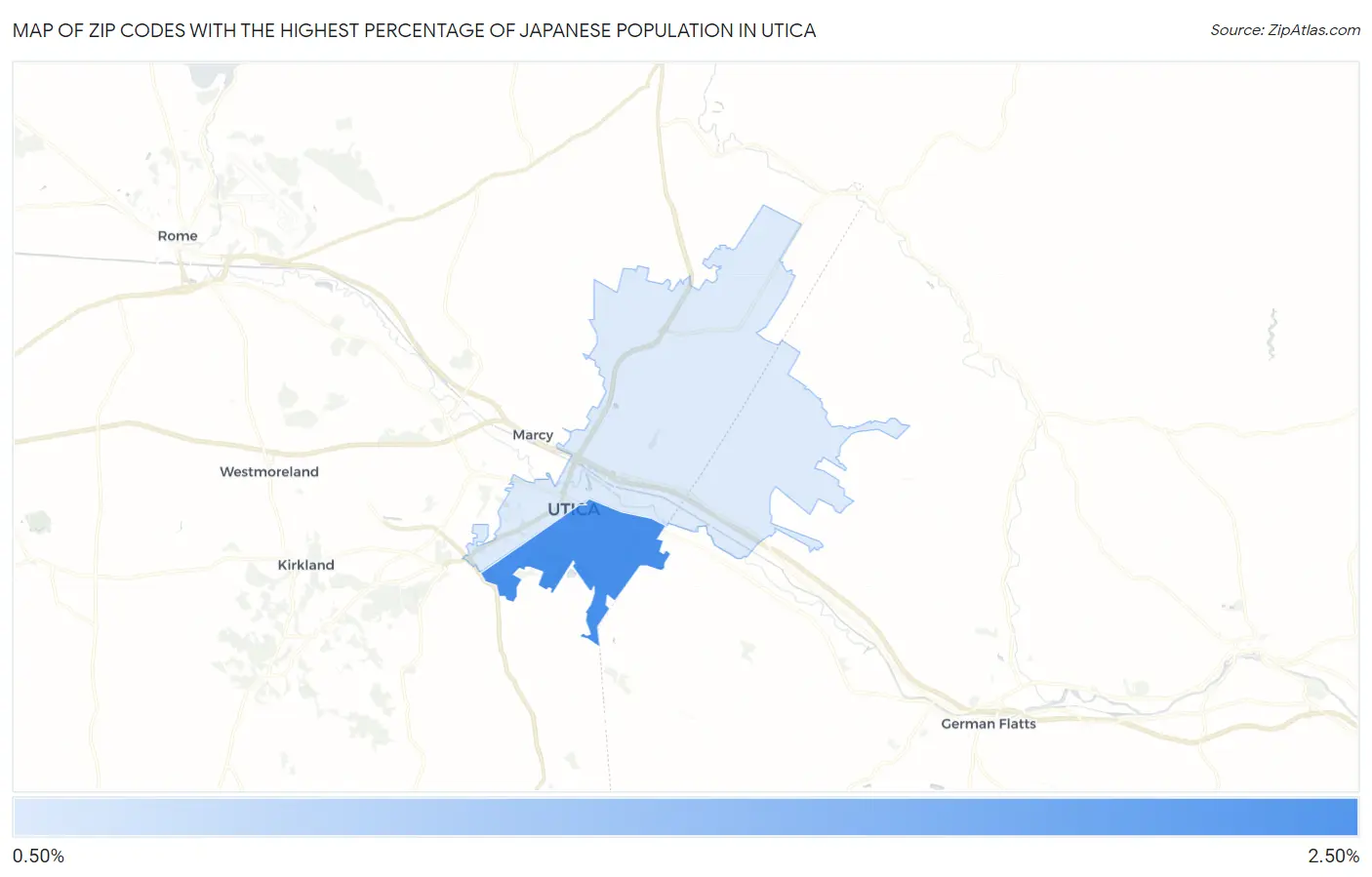 Zip Codes with the Highest Percentage of Japanese Population in Utica Map