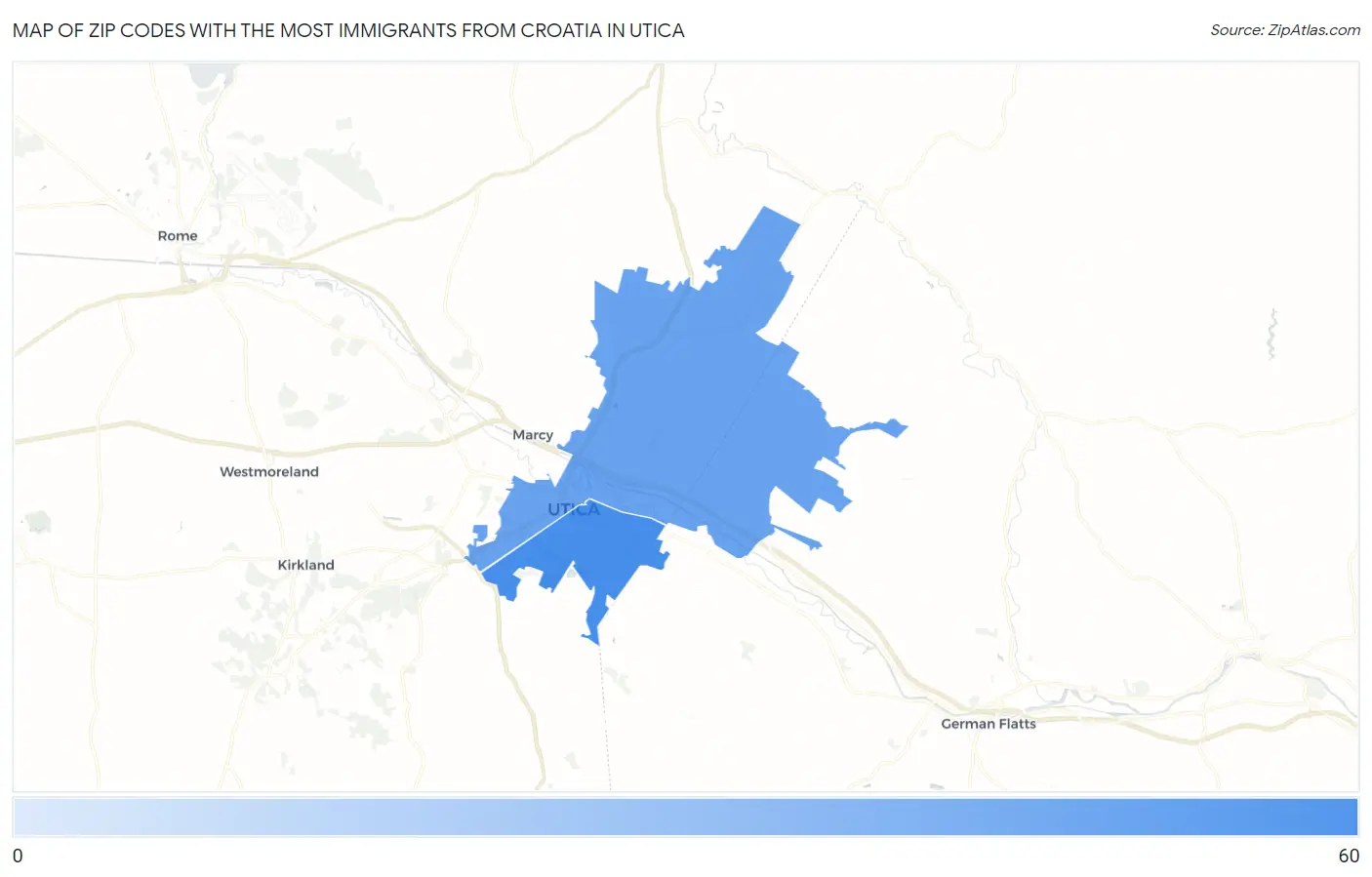 Zip Codes with the Most Immigrants from Croatia in Utica Map