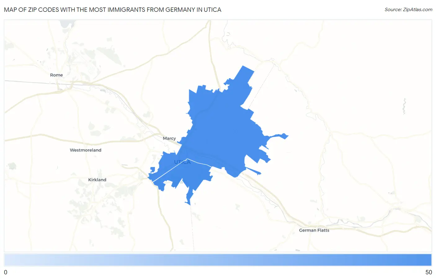 Zip Codes with the Most Immigrants from Germany in Utica Map