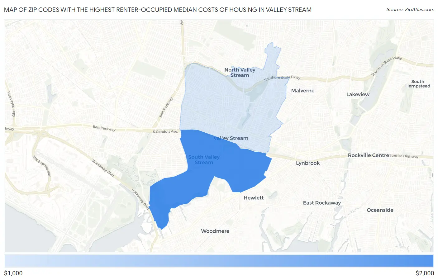 Zip Codes with the Highest Renter-Occupied Median Costs of Housing in Valley Stream Map