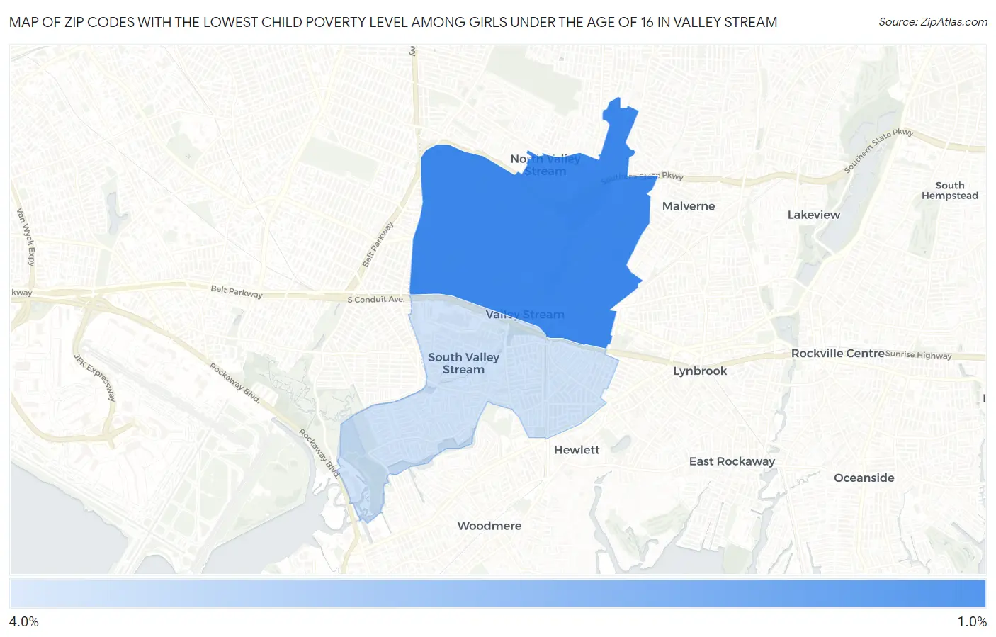 Zip Codes with the Lowest Child Poverty Level Among Girls Under the Age of 16 in Valley Stream Map