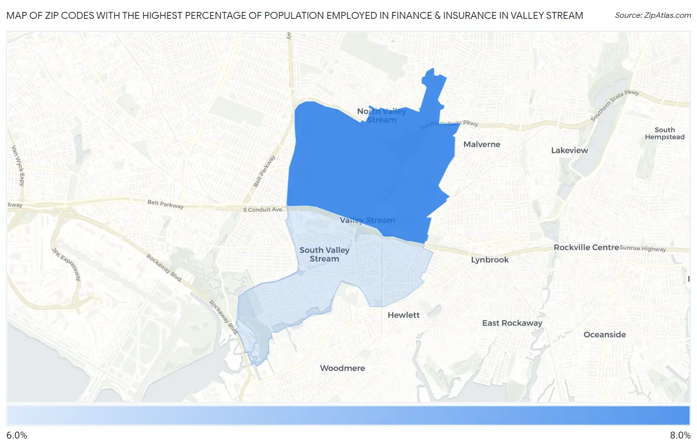 Zip Codes with the Highest Percentage of Population Employed in Finance & Insurance in Valley Stream Map