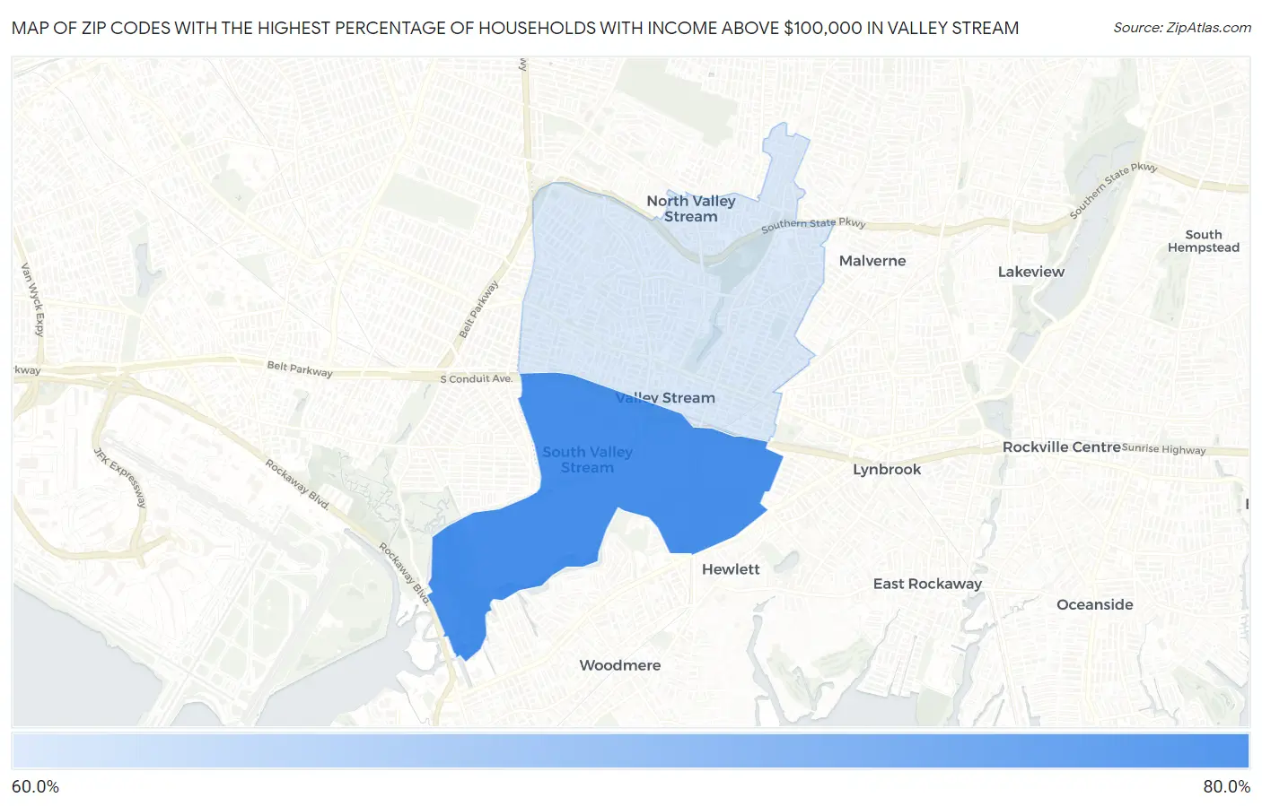 Zip Codes with the Highest Percentage of Households with Income Above $100,000 in Valley Stream Map