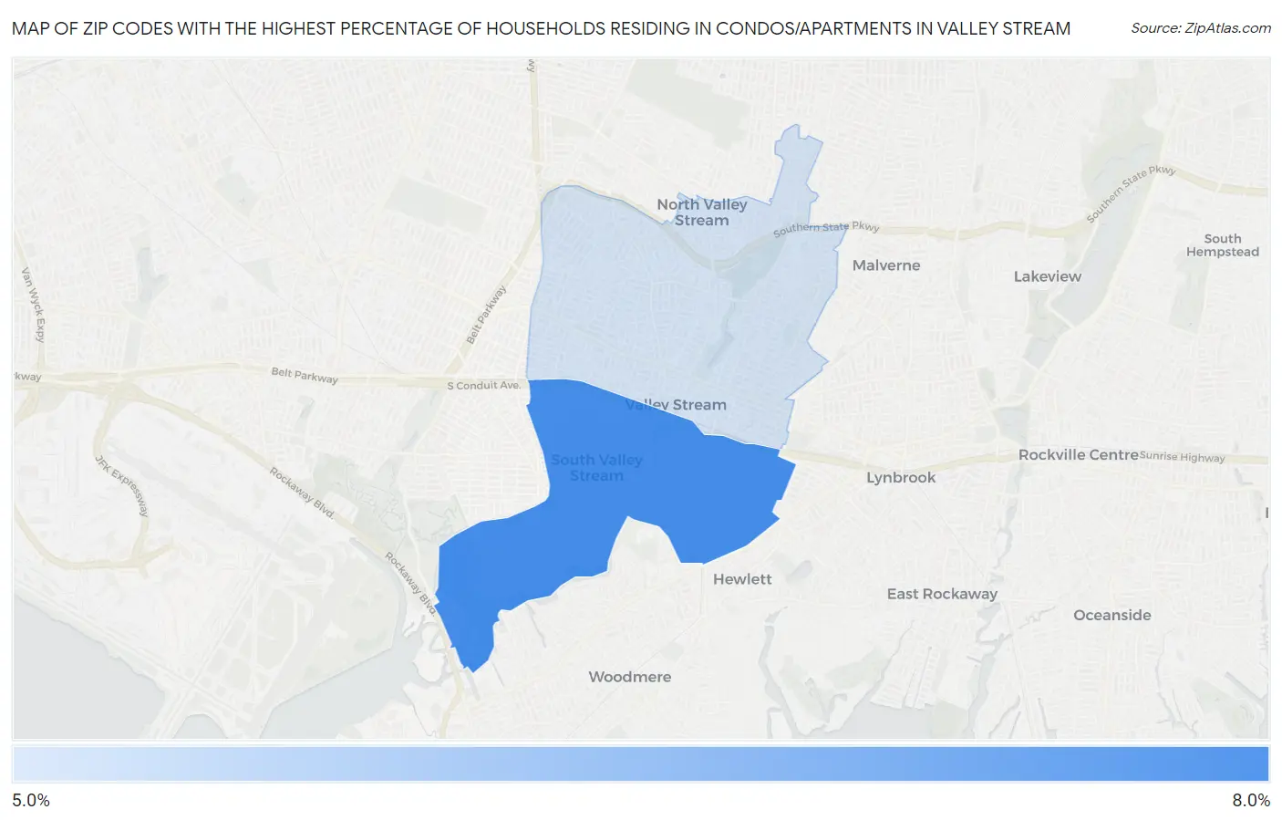 Zip Codes with the Highest Percentage of Households Residing in Condos/Apartments in Valley Stream Map