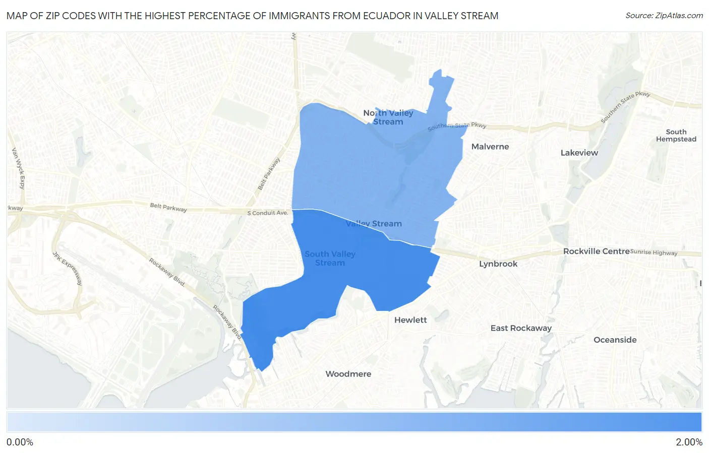 Zip Codes with the Highest Percentage of Immigrants from Ecuador in Valley Stream Map