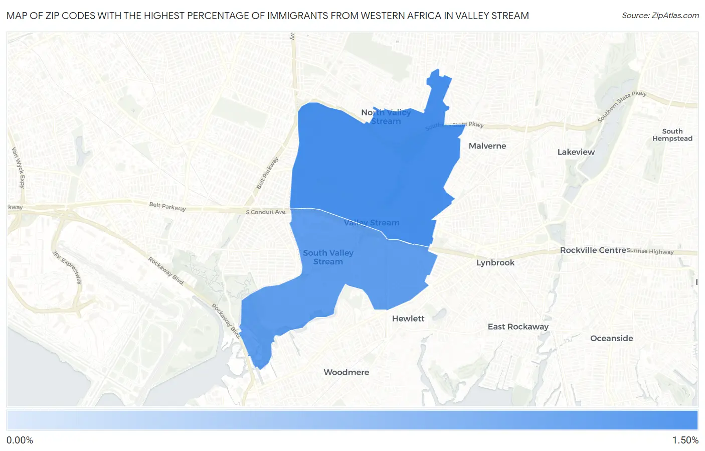Zip Codes with the Highest Percentage of Immigrants from Western Africa in Valley Stream Map