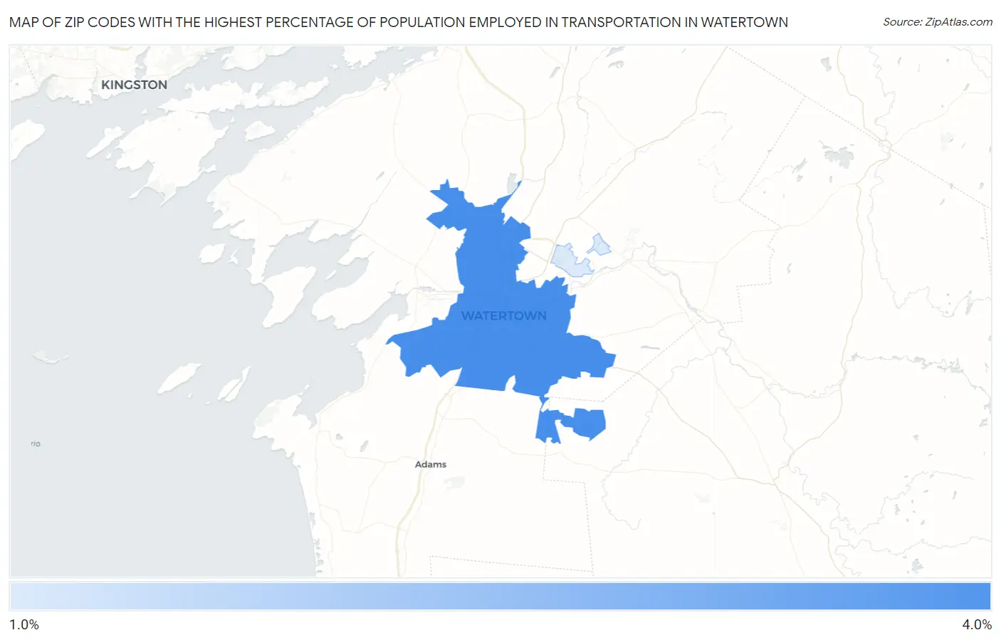 Zip Codes with the Highest Percentage of Population Employed in Transportation in Watertown Map